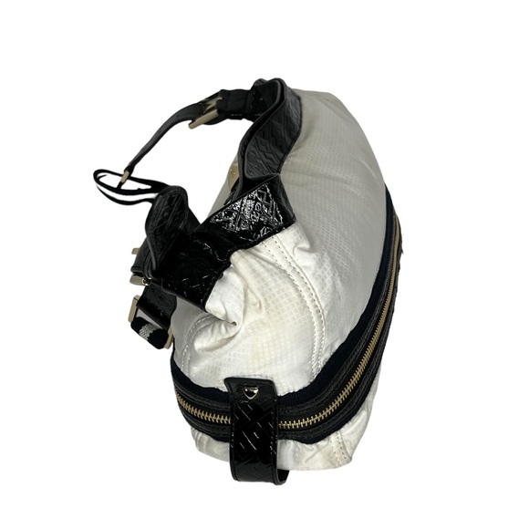 L.A.M.B Reversible White Nylon & Stripes Fabric Patent Leather Strap Hobo Bag - Picture 13 of 16